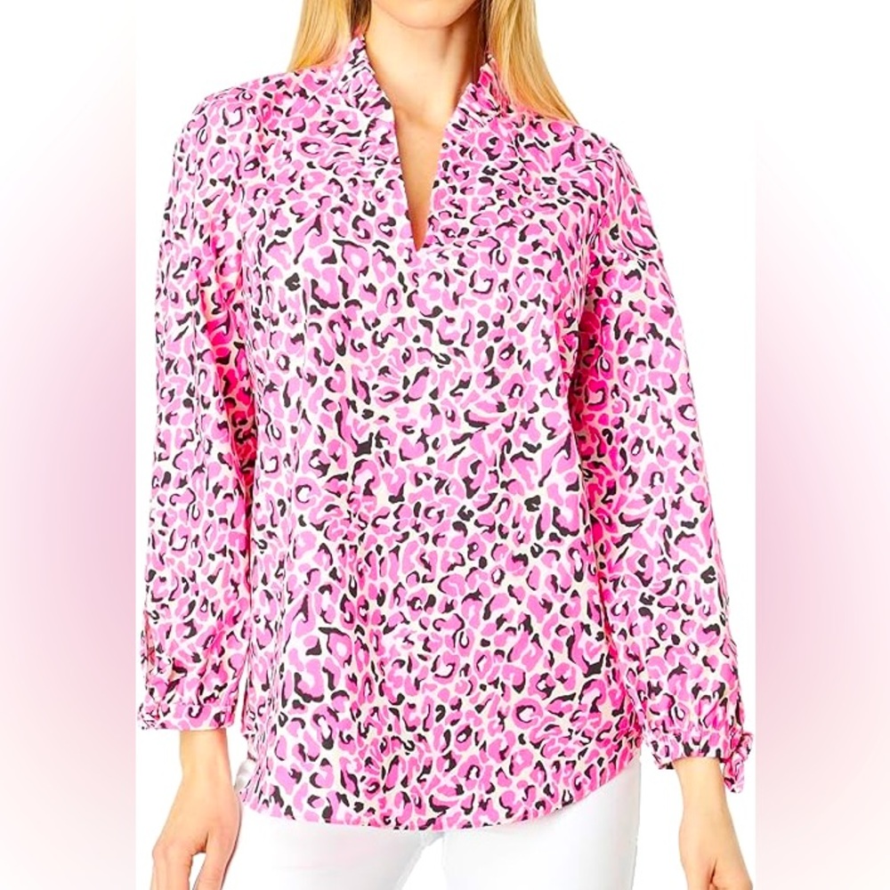 Lilly Pulitzer Sherida Top My Favorite Spot Pink Topaz Cheetah Print Size XS